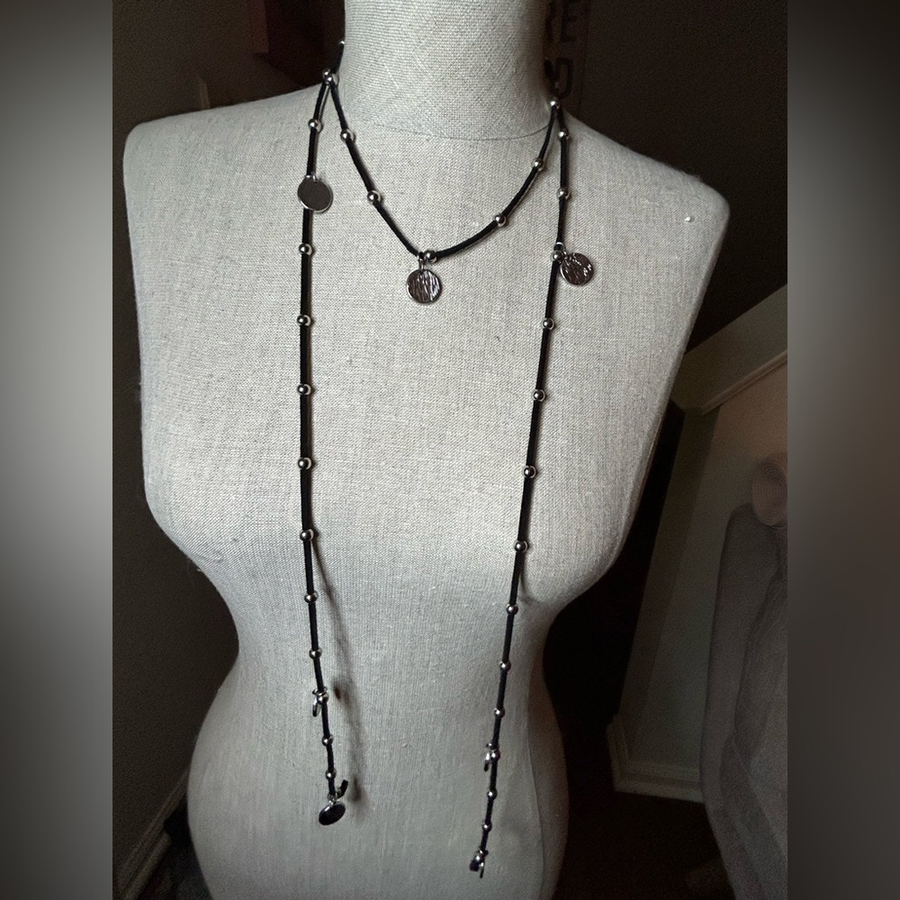 White House Black Market Elegant Black leather and Silver Women's Necklace